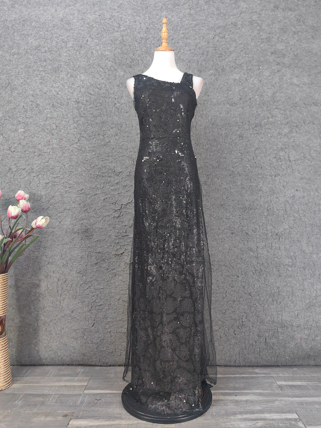Classic Black Slim-Fit Asymmetric Neck Sequin Tulle Long Prom Dress Evening Dress Main image