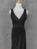 Classic Black V-Neck Sleeveless Open Back Lace Chiffon Long Prom Dress Evening Dress