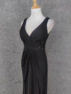 Classic Black V-Neck Sleeveless Open Back Lace Chiffon Long Prom Dress Evening Dress