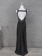 Classic Black V-Neck Sleeveless Open Back Lace Chiffon Long Prom Dress Evening Dress