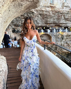 Classic Blue Floral Prom Dresses Long Evening Gown