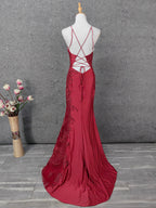 Classic Burgundy Mermaid Spaghetti Strap V-Neck Embroidered Satin Long Prom Dress Evening Dress
