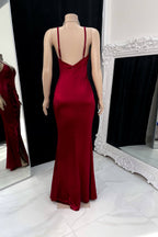 Classic Burgundy Spaghetti-Straps V-Neck Sleeveless Satin Prom Dresses Mermaid Backless With Ruffles Zipper