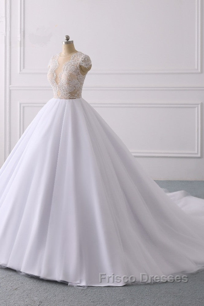Classic Cap sleeves V neck White Ball Gown Lace Wedding Dress
