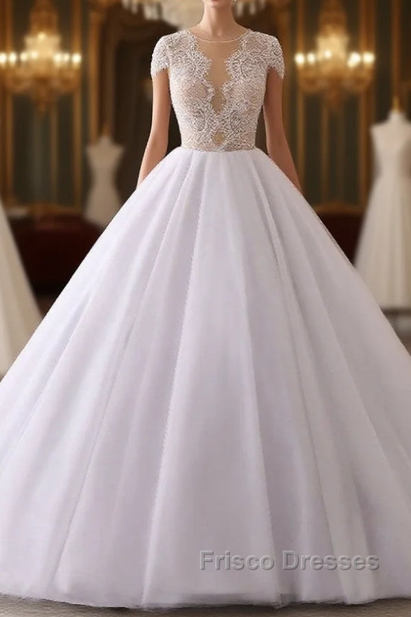 Classic Cap sleeves V neck White Ball Gown Lace Wedding Dress Main image