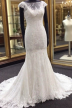 Classic Cap Sleeves White Illusion neck Lace Mermaid Wedding Dress with Court Train