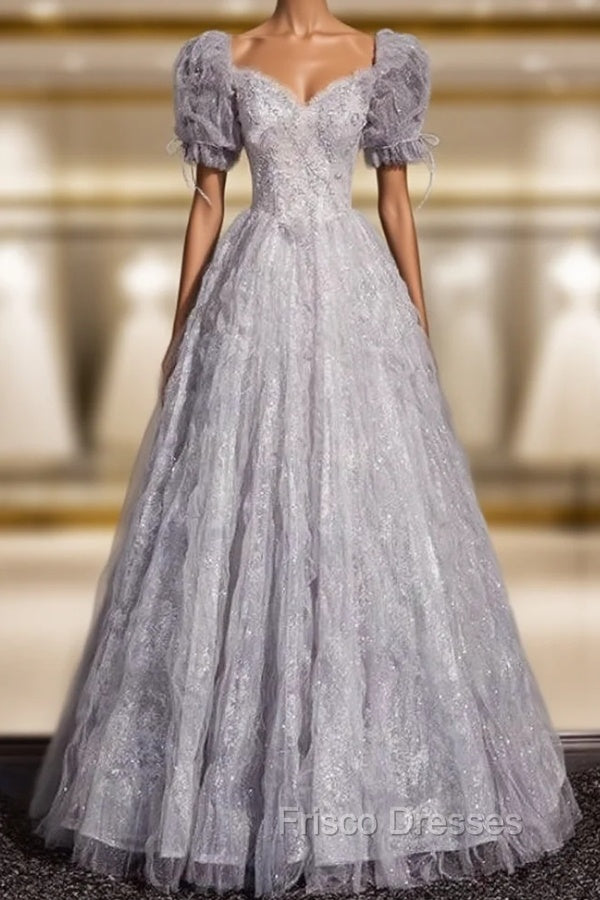 Classic Gray Tulle Sequins Short Sleeve Beading Formal Prom Dress Main image