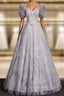 Classic Gray Tulle Sequins Short Sleeve Beading Formal Prom Dress