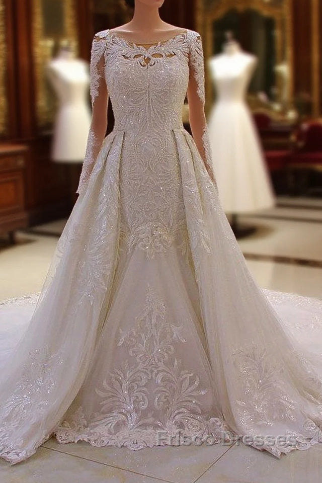 Classic Jewel Long Sleevess Tulle Lace Sparkle Ivory Wedding Dress Main image