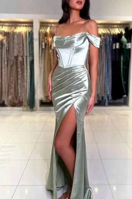 Classic Long Mermaid Gorgeous Spaghetti Straps Off-The-Shoulder Satin Prom Dress With Slit