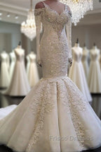 Classic Mermaid Long Sleeves Bridal Gowns Lace Wedding Dress with Sleeves