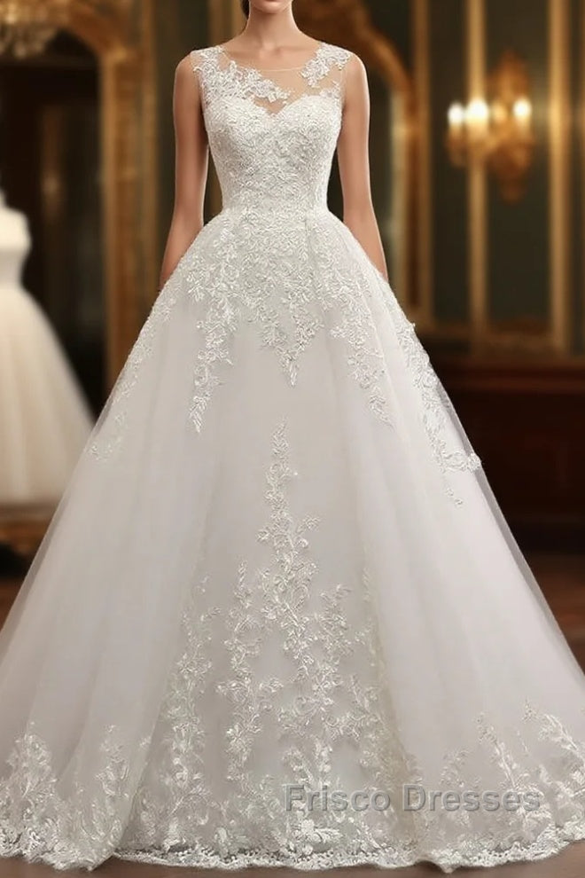 Classic Round neck Lace appliques White Princess Wedding Dress Main image