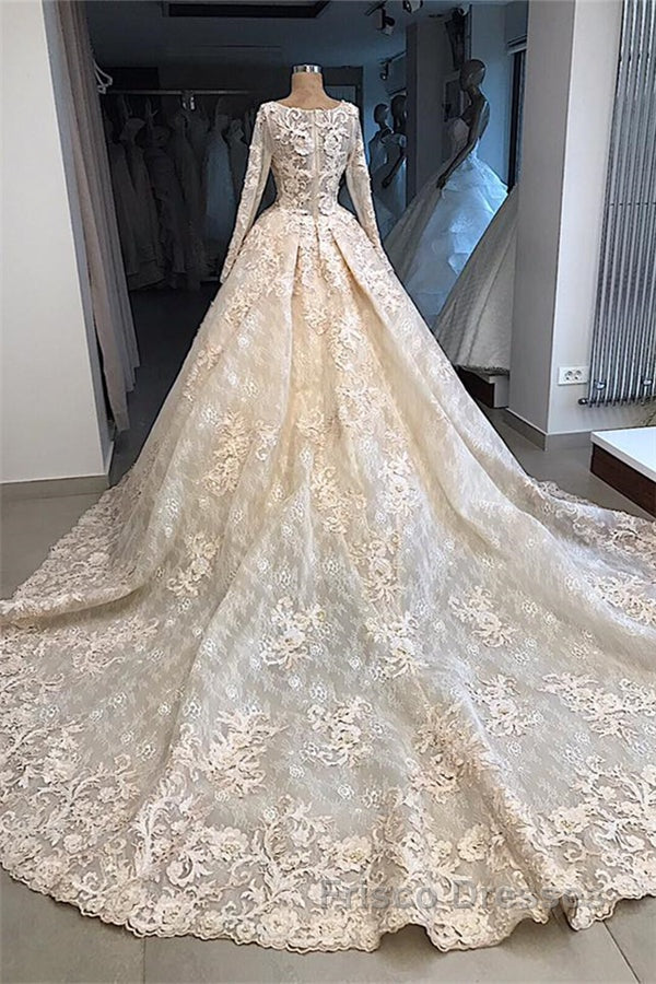 Classic Scoop Long Sleevess Appliques Ball Gown Wedding Dress
