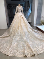 Classic Scoop Long Sleevess Appliques Ball Gown Wedding Dress