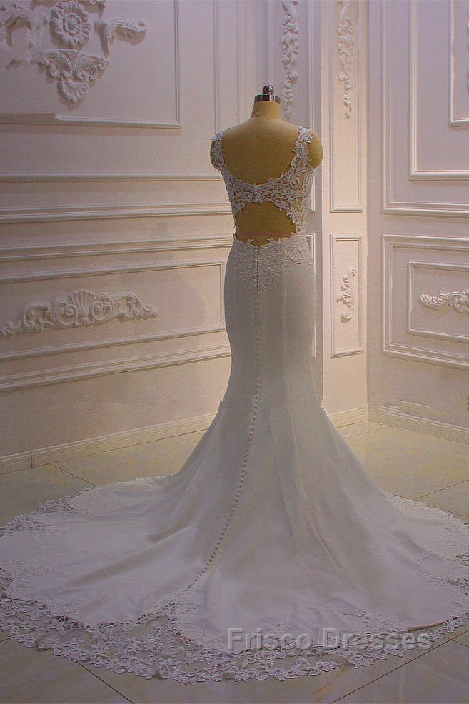 Classic Sleeveless Lace V neck Column White Court Train Wedding Dress Secondary image