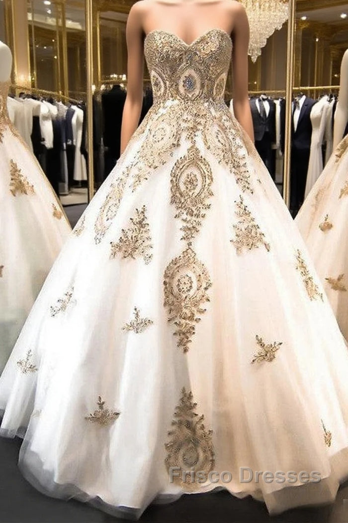 Classic Sweetheart Gold Lace Wedding Dress Sparkly Ball Gown Bridal Dress Main image