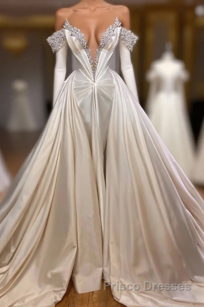 Classic V-Neck Long Sleeves Formal Prom Dresses with Beads