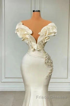 Classic White Mermaid V-Neck Satin Pearl Ruffle Long Formal Prom Dress Elegant Evening Dress