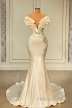 Classic White Mermaid V-Neck Satin Pearl Ruffle Long Formal Prom Dress Elegant Evening Dress