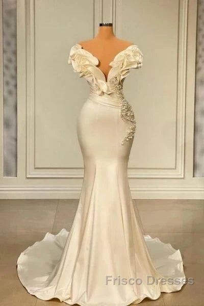 Classic White Mermaid V-Neck Satin Pearl Ruffle Long Formal Prom Dress Elegant Evening Dress