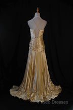 Classy A Line Halter Gold Satin Beads Long Formal Dress Formal Prom Dress