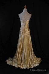 Classy A Line Halter Gold Satin Beads Long Evening Dress Prom Dresses