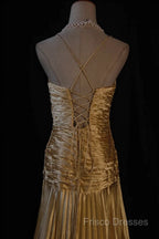 Classy A Line Halter Gold Satin Beads Long Formal Dress Formal Prom Dress
