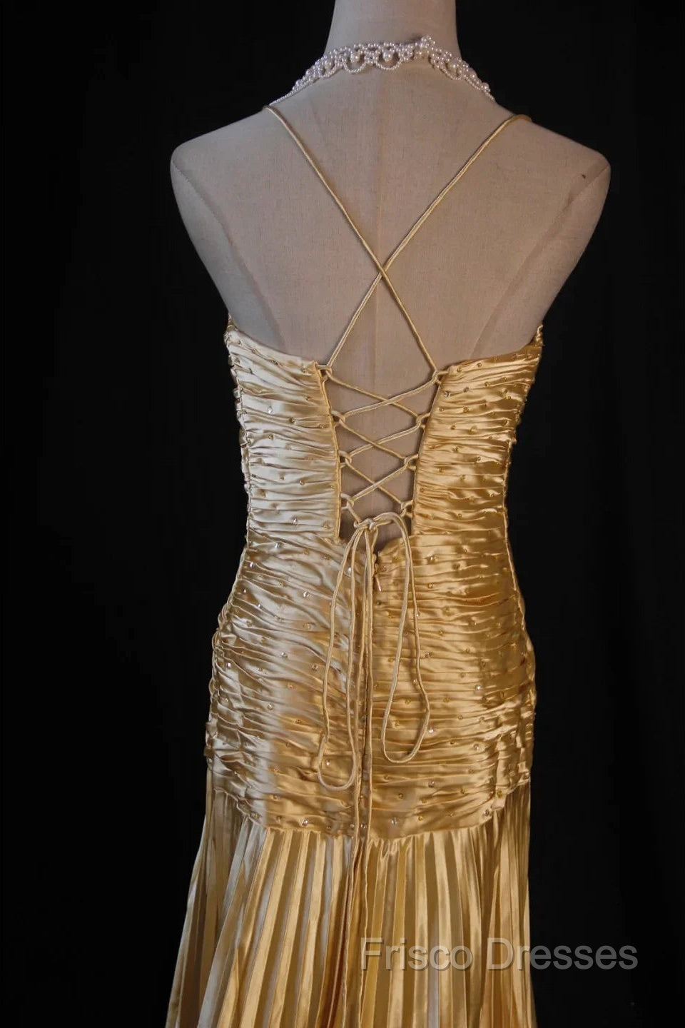 Classy A Line Halter Gold Satin Beads Long Formal Dress Formal Prom Dress