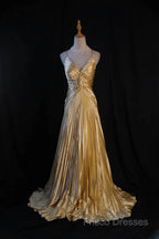 Classy A Line Halter Gold Satin Beads Long Formal Dress Formal Prom Dress
