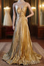 Classy A Line Halter Gold Satin Beads Long Formal Dress Formal Prom Dress