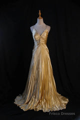 Classy A Line Halter Gold Satin Beads Long Evening Dress Prom Dresses