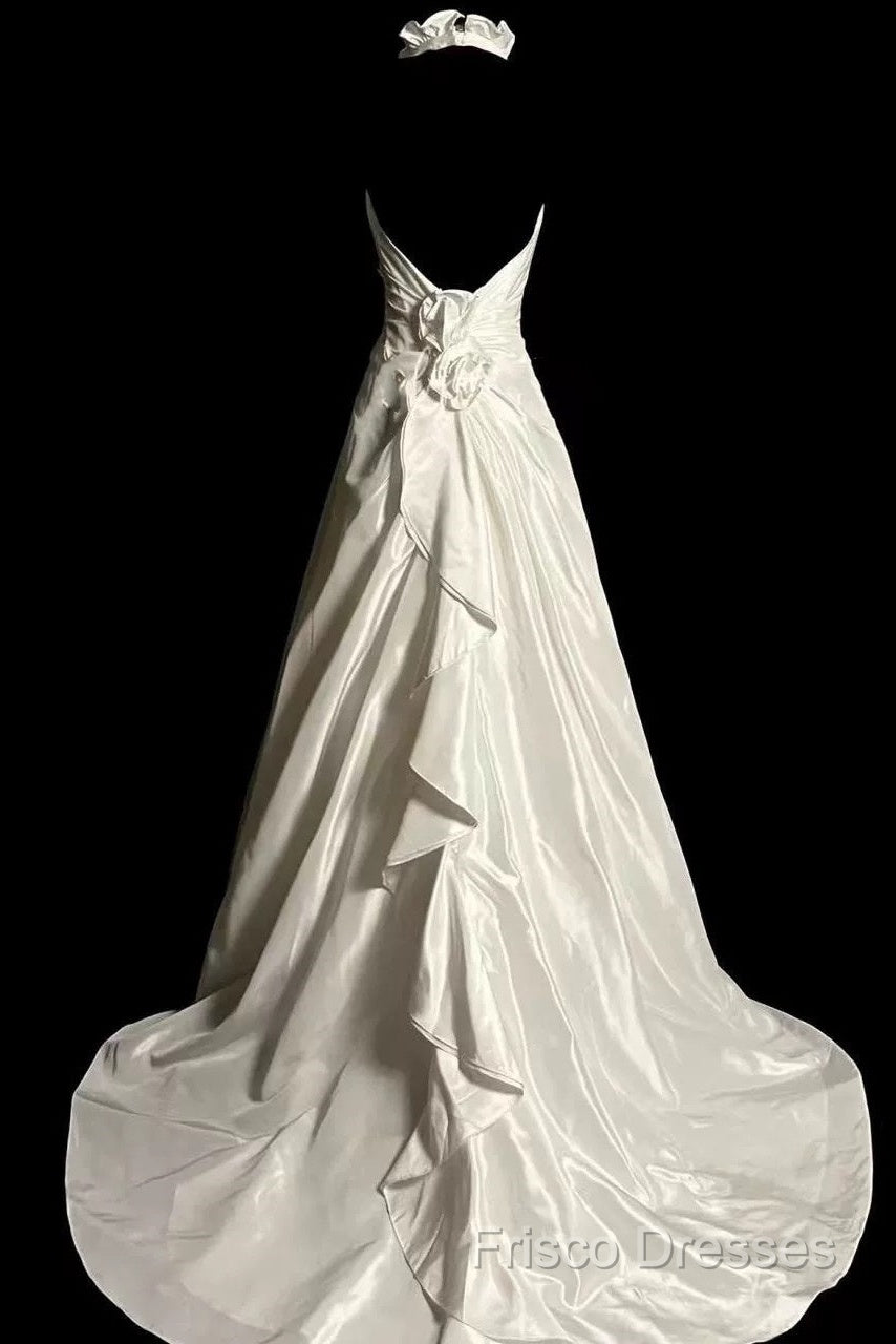 Classy A Line Halter Satin Ivory Long Wedding Dress Bridal Dress