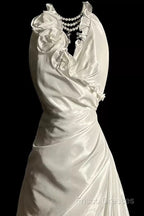 Classy A Line Halter Satin Ivory Long Wedding Dress Bridal Dress
