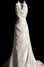 Classy A Line Halter Satin Ivory Long Wedding Dress Bridal Dress