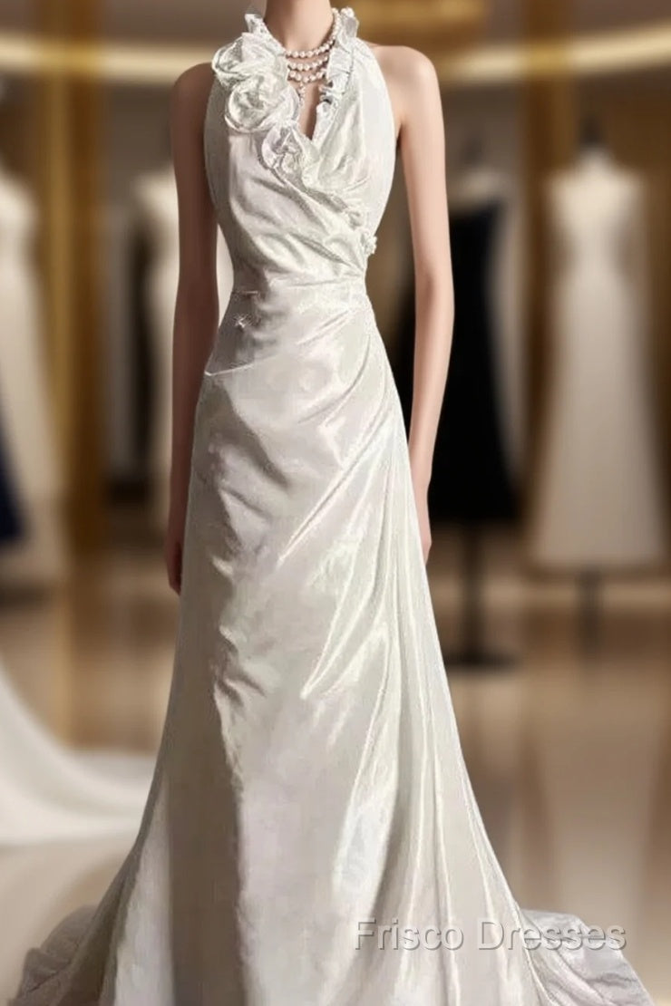 Classy A Line Halter Satin Ivory Long Wedding Dress Bridal Dress Main image