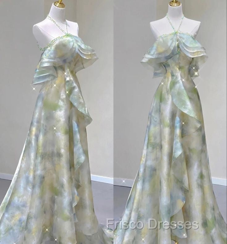Classy A Line Off The Shoulder Halter Green Floral Long Party Dress Formal Prom Dress Secondary image