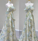 Classy A Line Off The Shoulder Halter Green Floral Long Party Dress Formal Prom Dress
