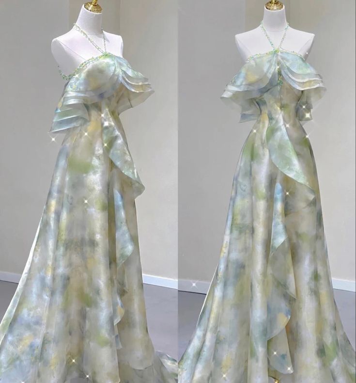 Classy A Line Off The Shoulder Halter Green Floral Long Party Dress Prom Dresses Secondary image