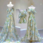 Classy A Line Off The Shoulder Halter Green Floral Long Party Dress Formal Prom Dress