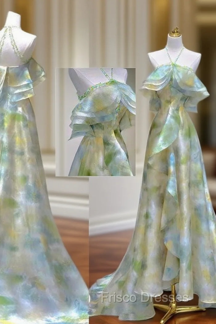 Classy A Line Off The Shoulder Halter Green Floral Long Party Dress Formal Prom Dress Main image