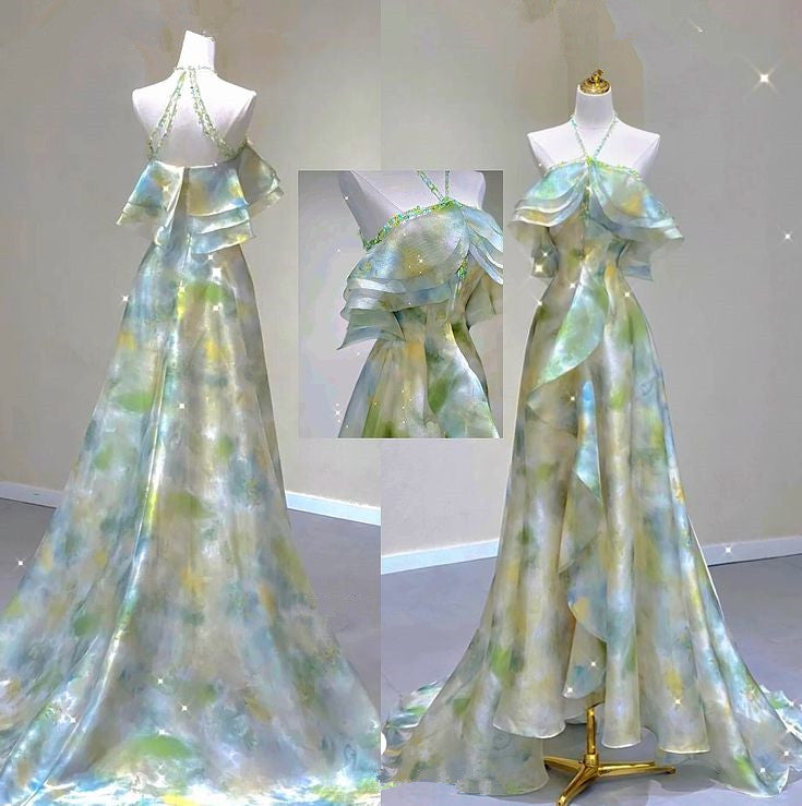 Classy A Line Off The Shoulder Halter Green Floral Long Party Dress Prom Dresses Main image