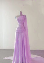 Classy A Line One Shoulder Pink Chiffon Evening Gown Prom Dresses