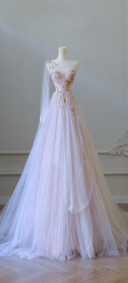 Classy A Line One Shoulder Tulle Lace Long Evening Dress Prom Dresses