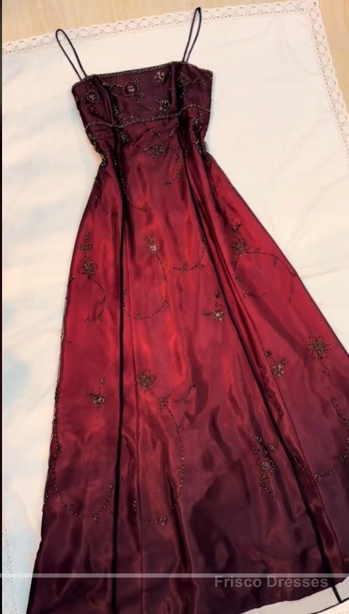 Classy A Line Spaghetti Straps Burgundy Beads Long Prom Dress