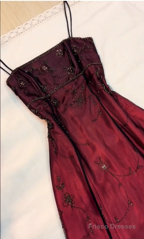 Classy A Line Spaghetti Straps Burgundy Beads Long Prom Dress