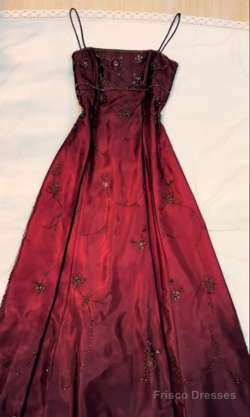 Classy A Line Spaghetti Straps Burgundy Beads Long Prom Dress Main image