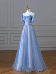 Classy A Line Spaghetti Straps Long Party Dress Blue Prom Dresses