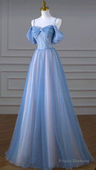 Classy A Line Spaghetti Straps Long Party Dress Blue Prom Dresses