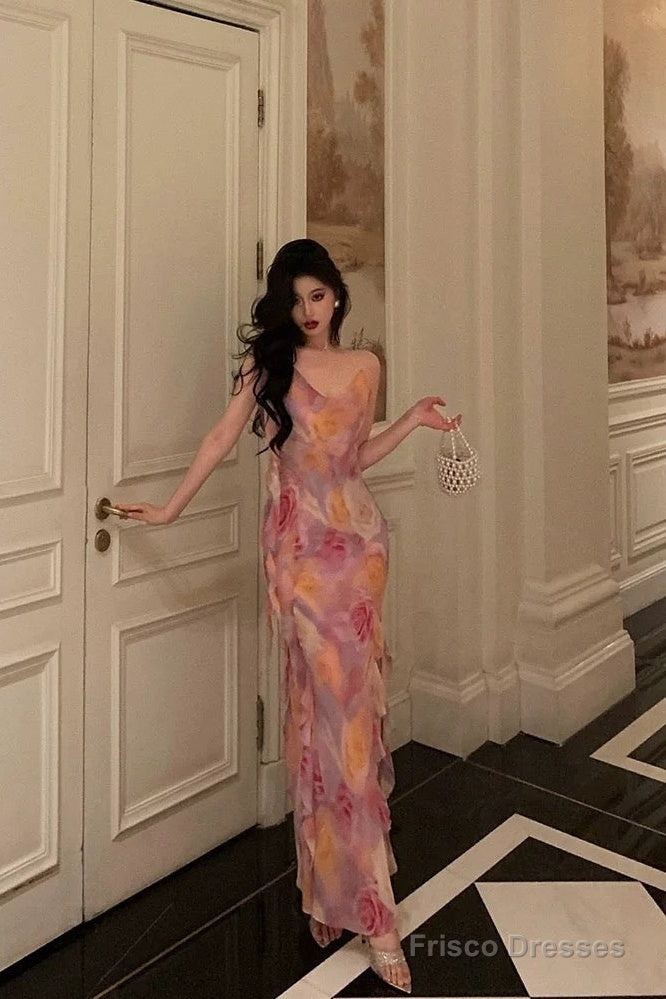 Classy A Line Spaghetti Straps Pink Chiffon Floral Prom Dresses Birthday Outfits Evening Gown Secondary image