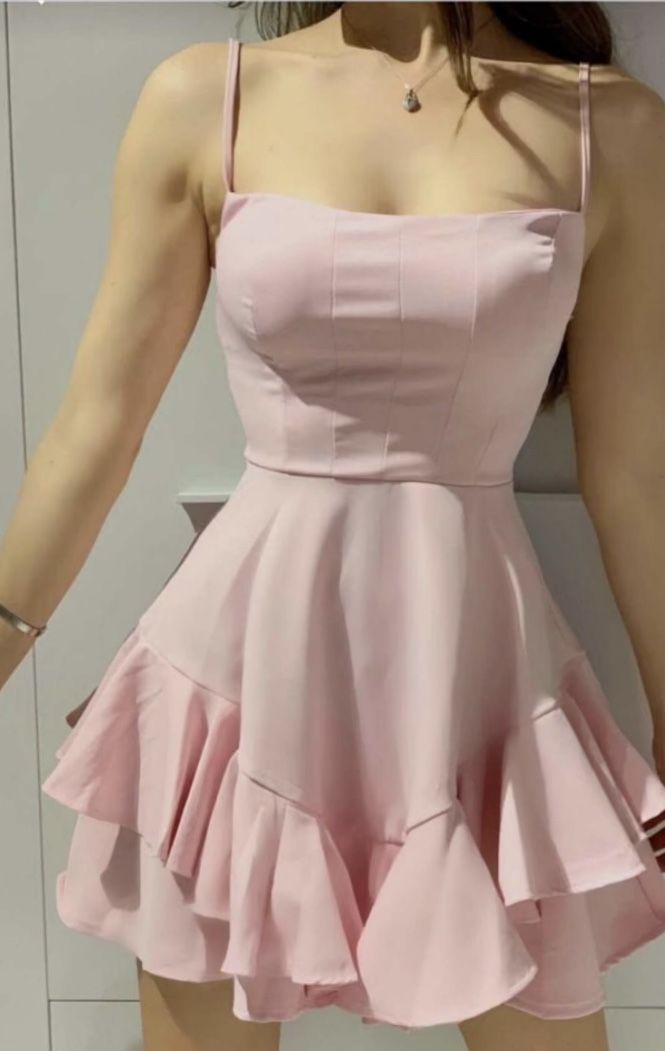 Classy A Line Spaghetti Straps Pink Satin With Ruffle Hem Short Homecoming Dress 18Th Birthday Outfits Main image